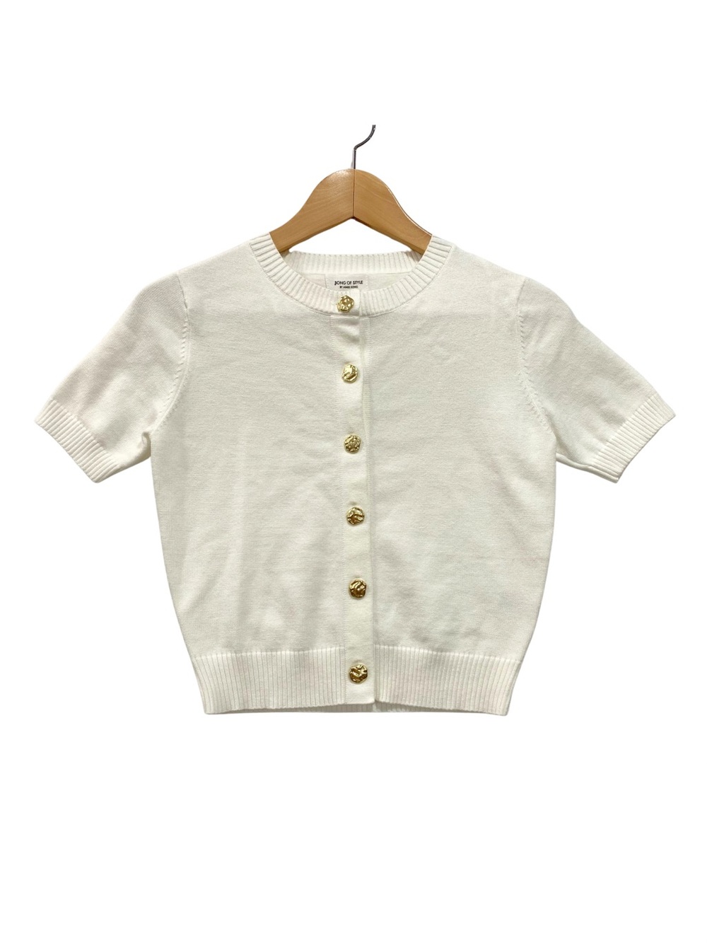 Song of Style by Aimee Song White Short Sleeve Gold Button Knit Cardigan XS